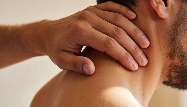 Close-up of man massaging neck and shoulder relieving tension and promoting relaxation
