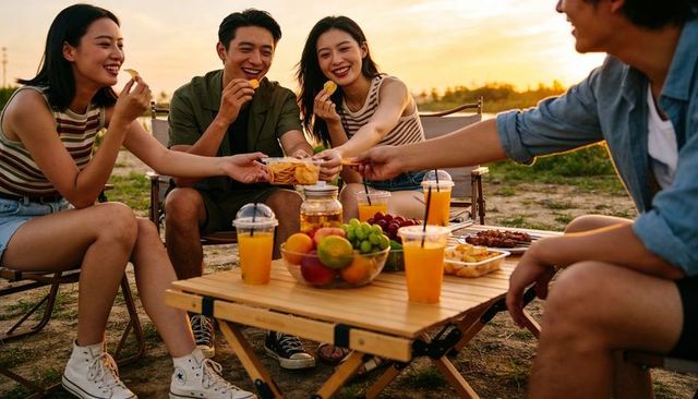 Friends sharing snacks at riverside sunset picnic with fresh fruit and orange juice