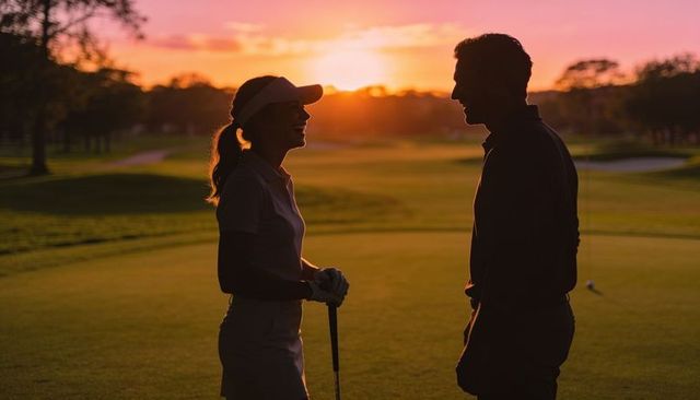 Silhouetted couple chatting on golf green at golden sunset romantic twilight golf lifestyle