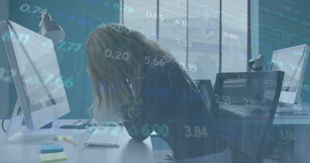 Image of stock market data processing against stressed caucasian woman working at office. Global economy and business technology concept