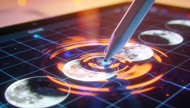 Stylus creating neon ripples over lunar interface on tablet screen
