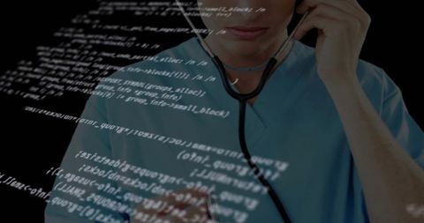 Doctor in scrubs with stethoscope and floating code illustrating digital innovation