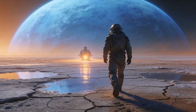 Solitary Astronaut Walking on Cracked Alien Salt Flats Toward Beacon beneath Blue Planet