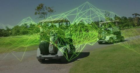 Golf Carts on Course with Futuristic Technology Overlay