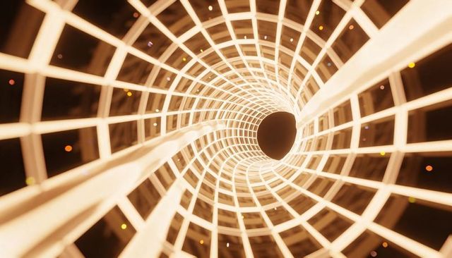 Glowing Spiral Lattice Tunnel Leading to Central Dark Void with Amber Bokeh Installation