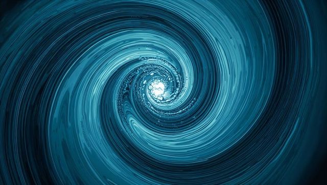 Swirling turquoise spiral vortex rotating toward luminous core abstract tech background