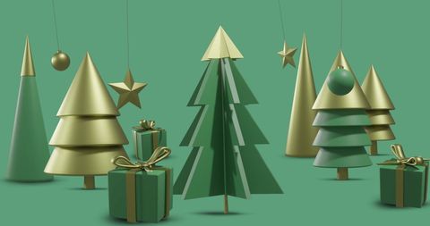 Minimalist Christmas Trees and Gifts on Green Background