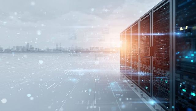 Modern data center with glowing servers and digital connections