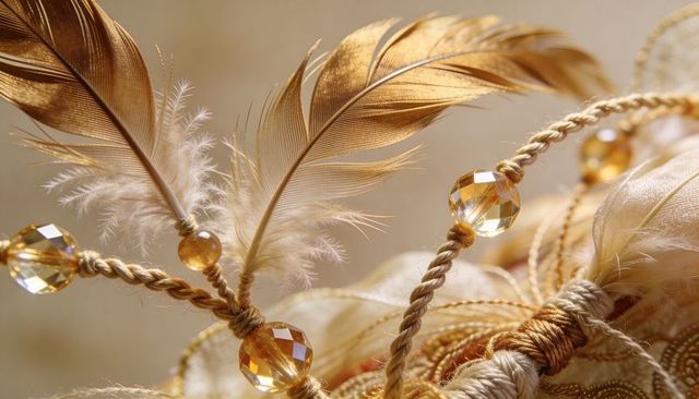 Shimmering gold feather tassel featuring amber crystal beads and twisted silk cords