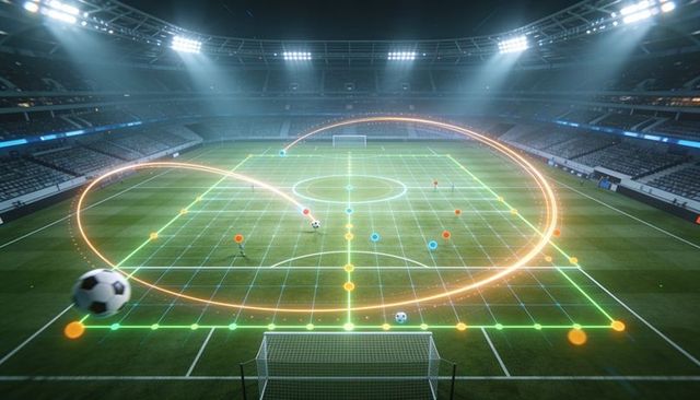 Holographic soccer tactics overlay with neon trajectories, ar grid and player markers
