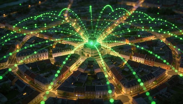 Smart city beacon emitting green data streams over historic radial plaza at night