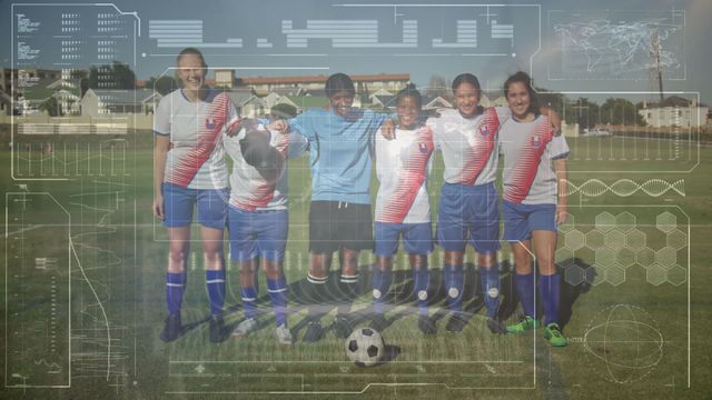 A group of young and diverse boys and girls are posing together on a soccer pitch with a futuristic digital data overlay surrounding them. This dynamic blend of sports and technology emphasizes teamwork, community spirit, and modern innovation. Ideal for concepts of diversity in sports, technological advancements in athletics, or promotional materials focusing on youth and sports development.