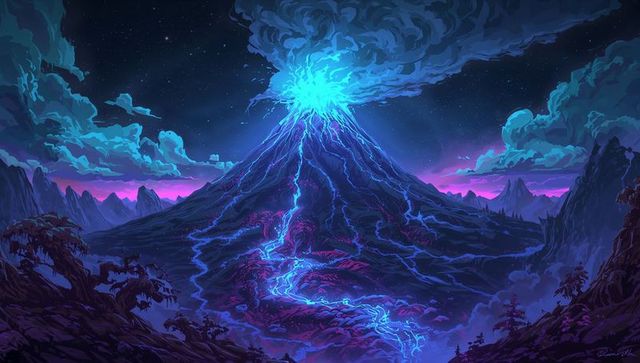 Glowing volcano with neon lava under starry sky