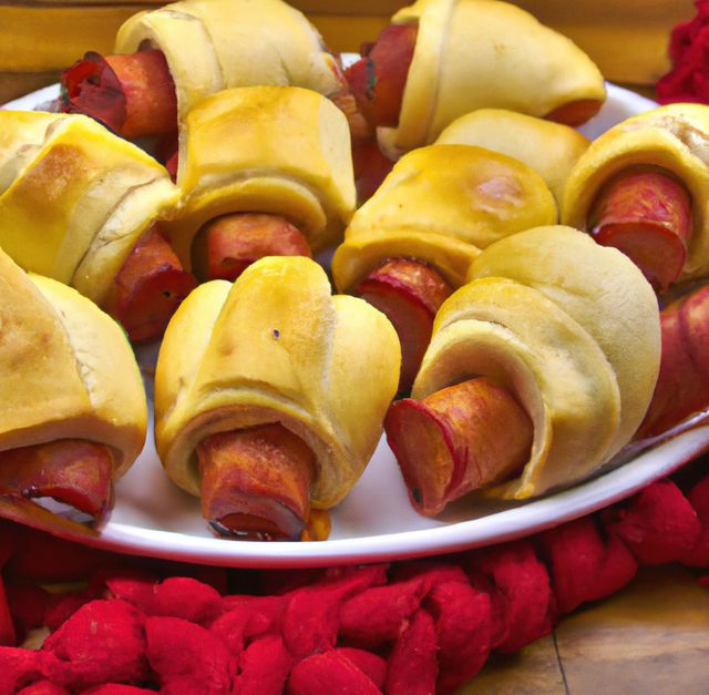 Perfect for party or gathering settings. Pigs in a blanket are ideal for serving as appetizers or snacks. They are baked to a golden brown perfection, making them look delicious and appealing. This image can be used in food blogs, recipe websites, or culinary advertisements highlighting homemade or easy-to-make party foods.