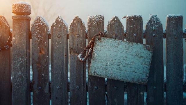 Weathered wooden signboard hanging on snowy rustic fence