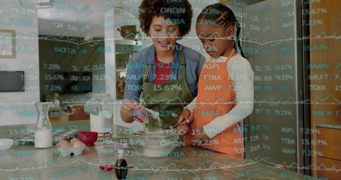 Mother and Daughter Baking Together with Financial Data Overlay Double Exposure Concept