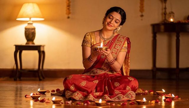 Indian woman in red saree holding brass diya surrounded by diyas and rose petals