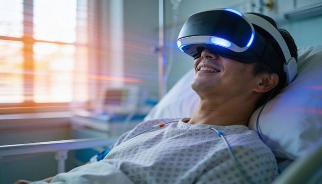 Patient using vr headset in hospital bed for immersive therapy and digital rehabilitation