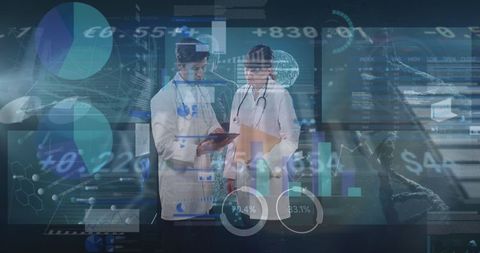 Two Doctors Analyzing Data with Futuristic Medical Interface