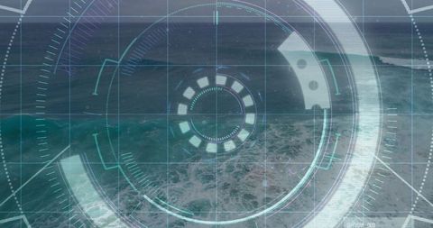 Futuristic hud scanning ocean horizon with circular reticle and aerial coastal waves