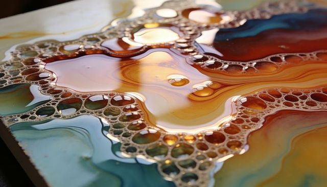 Glossy resin pour showing amber and teal marbling with reflective bubbles macro