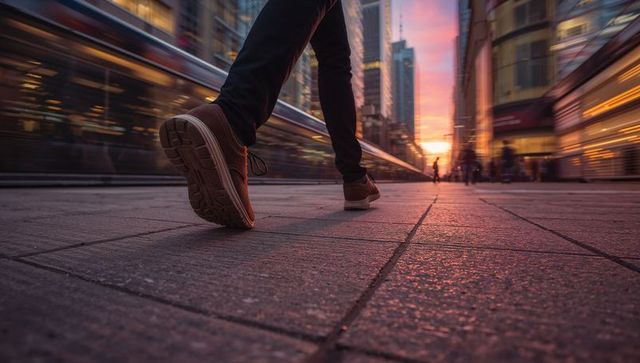 Low-angle walking on wet urban pavement at sunset with motion blur and city tram