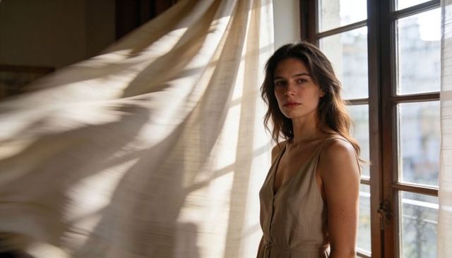 Standing woman wearing beige linen dress by sunlit window with billowing curtain