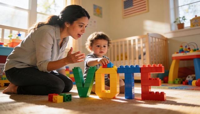 Caregiver and toddler building vote blocks in sunlit nursery promoting early civic learning