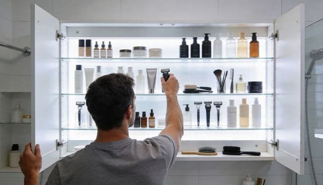Man reaching for cordless razor in illuminated modern bathroom cabinet, grooming routine