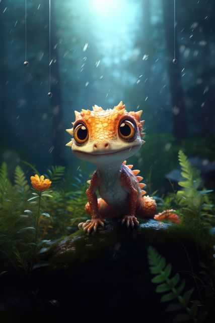 A charming lizard with large eyes sits on a mossy rock in an enchanting, magical forest. Gentle rain adds a mystical element to the scene, with delicate flower and lush greenery surrounding the lizard. Ideal for children's book illustrations, fantasy artwork, nature conservation campaigns, and whimsical decor pieces.