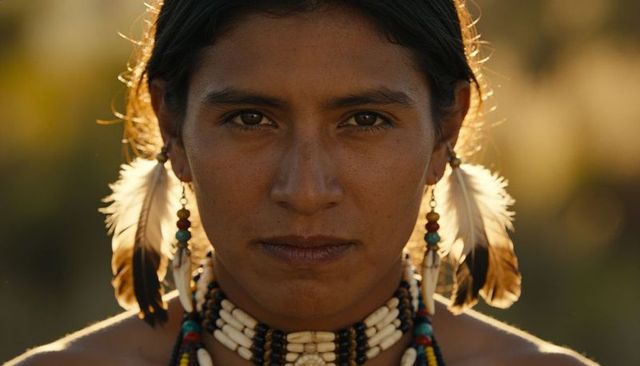 Gazing woman wearing feather earrings and beaded bone choker golden hour backlit portrait