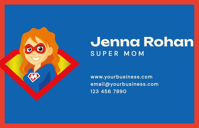 Business card features vibrant superhero mom illustration for dynamic personal branding. Ideal for moms seeking to add a touch of fun and creativity to their professional or personal interactions. Suitable for mompreneurs, event marketing, and networking purposes.