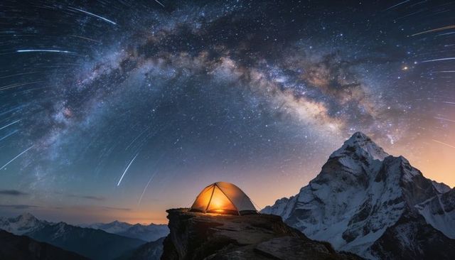 Glowing tent on alpine ridge under milky way arch with shooting stars and snowy mountain
