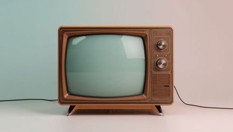 Vintage wooden television set against pastel background