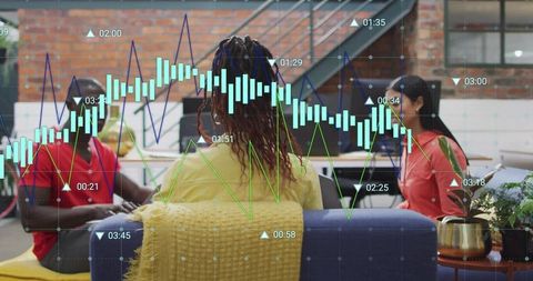 Diverse team collaborating on sofa in modern office lounge with data visualizations overlay