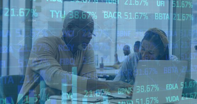 Diverse professionals analyzing stocks in modern office with digital overlay - Download Free Stock Images Pikwizard.com