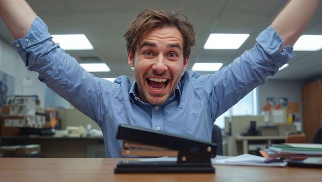 Ecstatic office worker celebrating at desk raising arms with stapler and paperwork