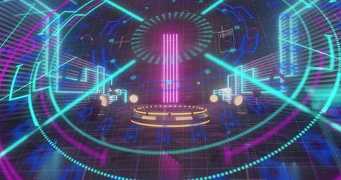 Futuristic Digital Interface with Neon Lights on Podium - Download Free Stock Images Pikwizard.com