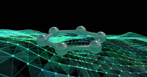 3d molecular structure floating on digital green mesh