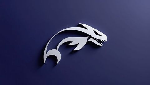 Futuristic silver megalodon emblem on navy blue backdrop