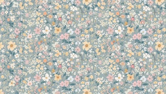 Vintage pastel wildflower pattern on dusty blue background for wallpaper, fabric, stationery