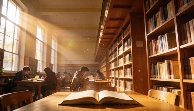 Sunlit library study scene with open book and students studying on laptops