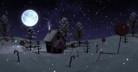 Enchanting Heavily Snowed Candy Land Amidst Full Moon Night