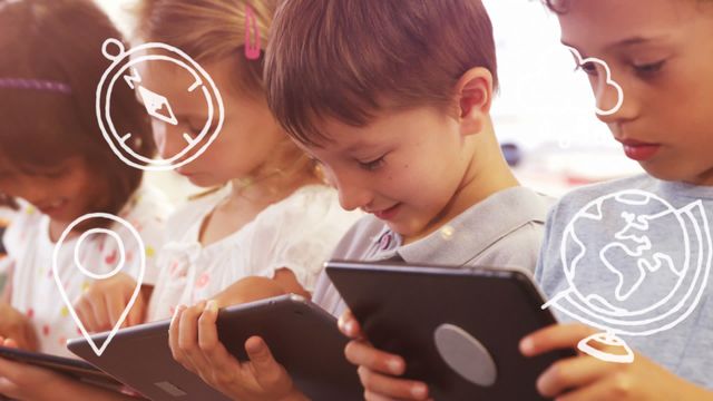 Group of diverse children using tablets shows innovation in education. Digital graphics symbolize learning themes such as navigation and globalization. Ideal for educational content, promoting technology in schools, or illustrating modern learning environments.