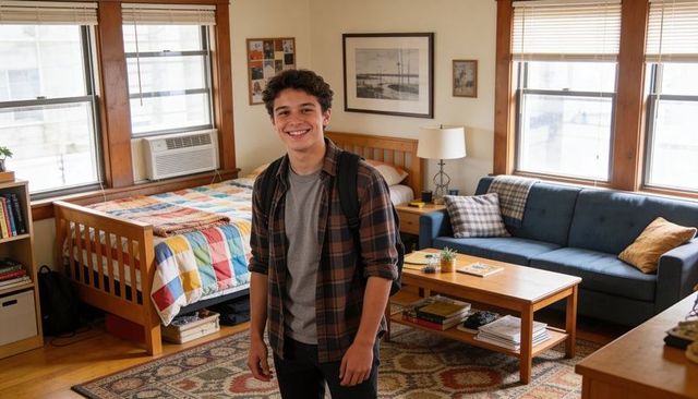 Smiling student standing in sunlit studio apartment with colorful patchwork quilt