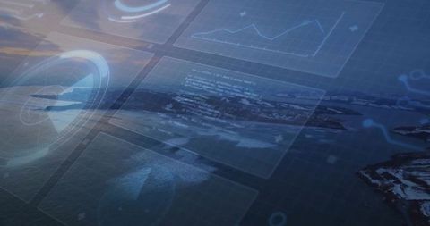 Holographic Data Visualization Over Ocean at Sunset Scene