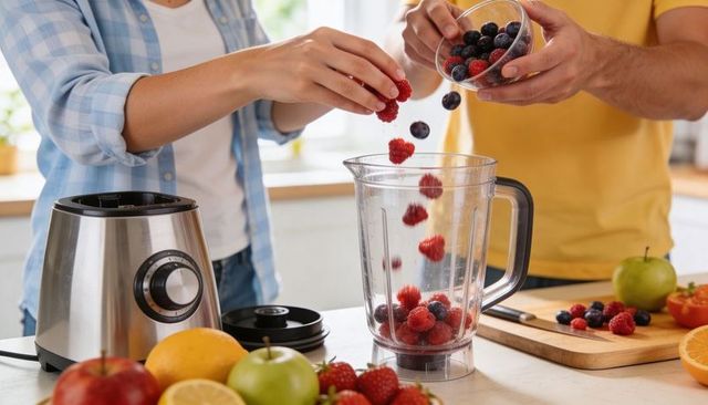 Couple adding mixed berries to blender for fresh smoothie in sunlit homestyle kitchen