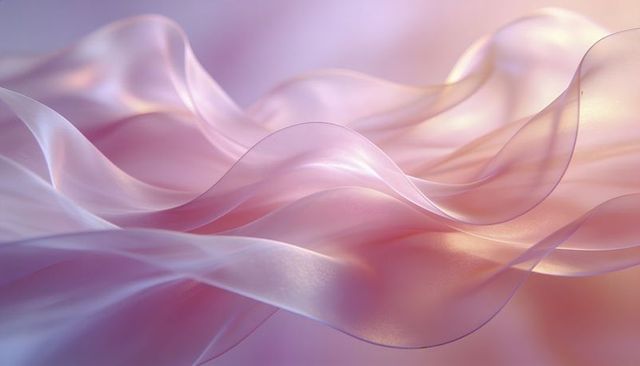 Ethereal pearlescent ribbons flowing in pastel waves with silky translucent layers and soft glow