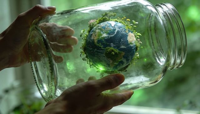 Hands cradling glass jar with miniature earth and lush plants representing conservation