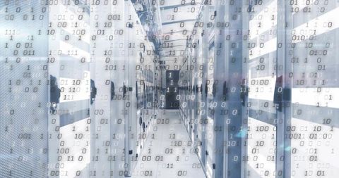 Modern data center with servers and binary code overlay